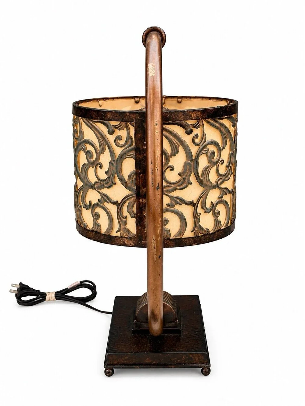 Vintage Metal Hoop Table Lamp Scrollwork Drum Shade Bronze 22” Boho Decor